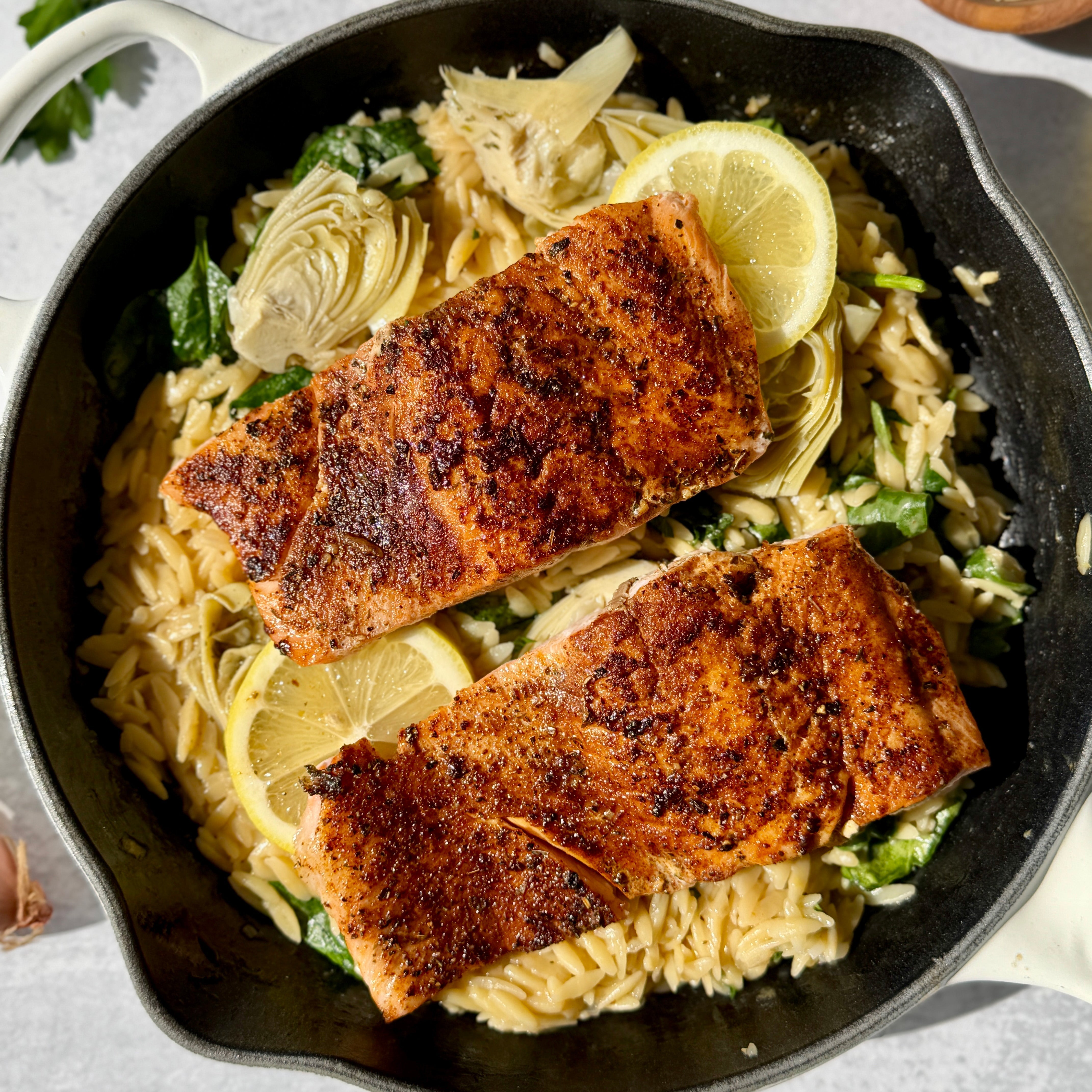 Feed Your Soul One-Pan Skillet Salmon with Orzo, Spinach and Artichokes